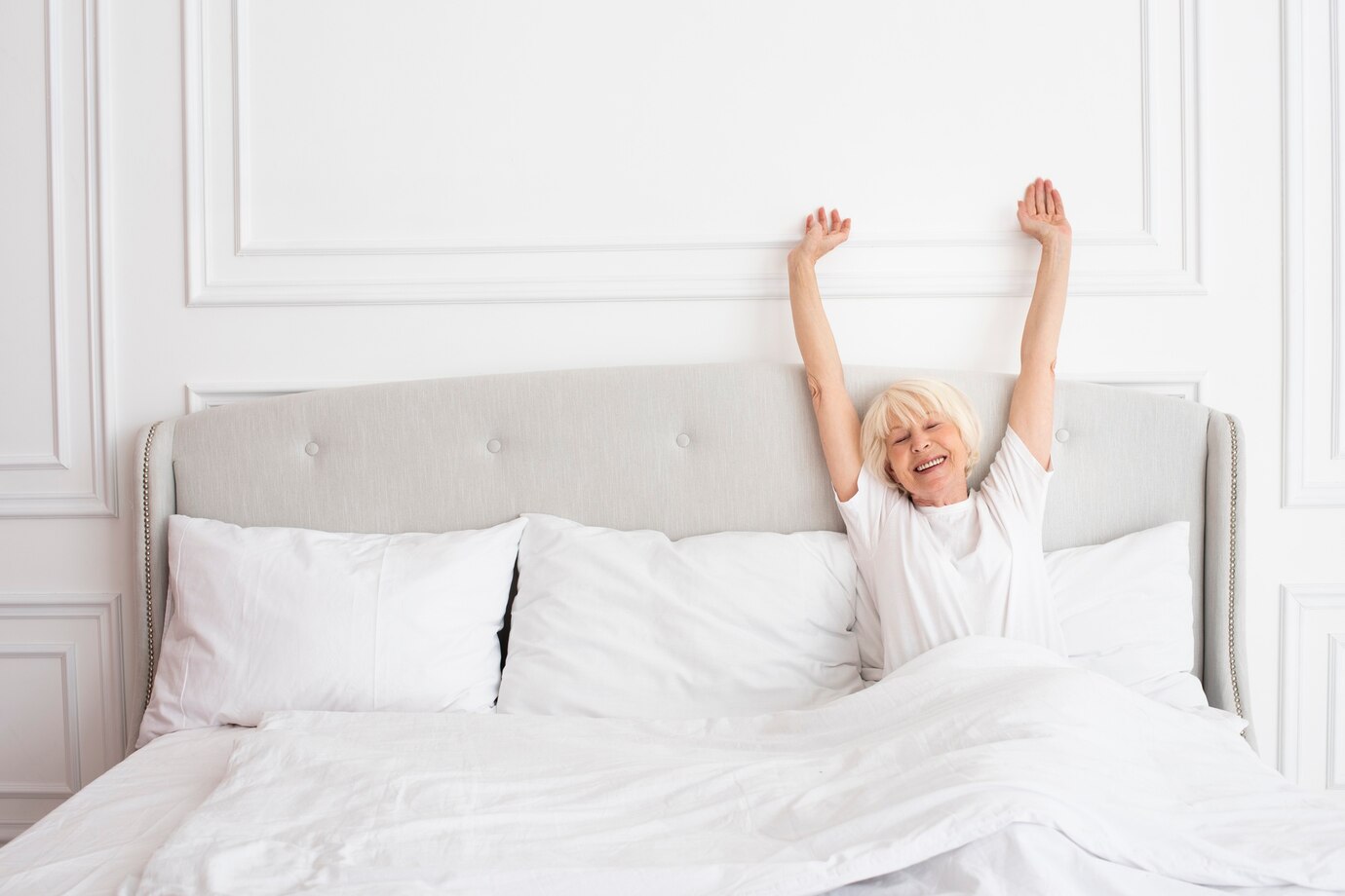 Smiley elder woman laying bedroom 23 2148341490